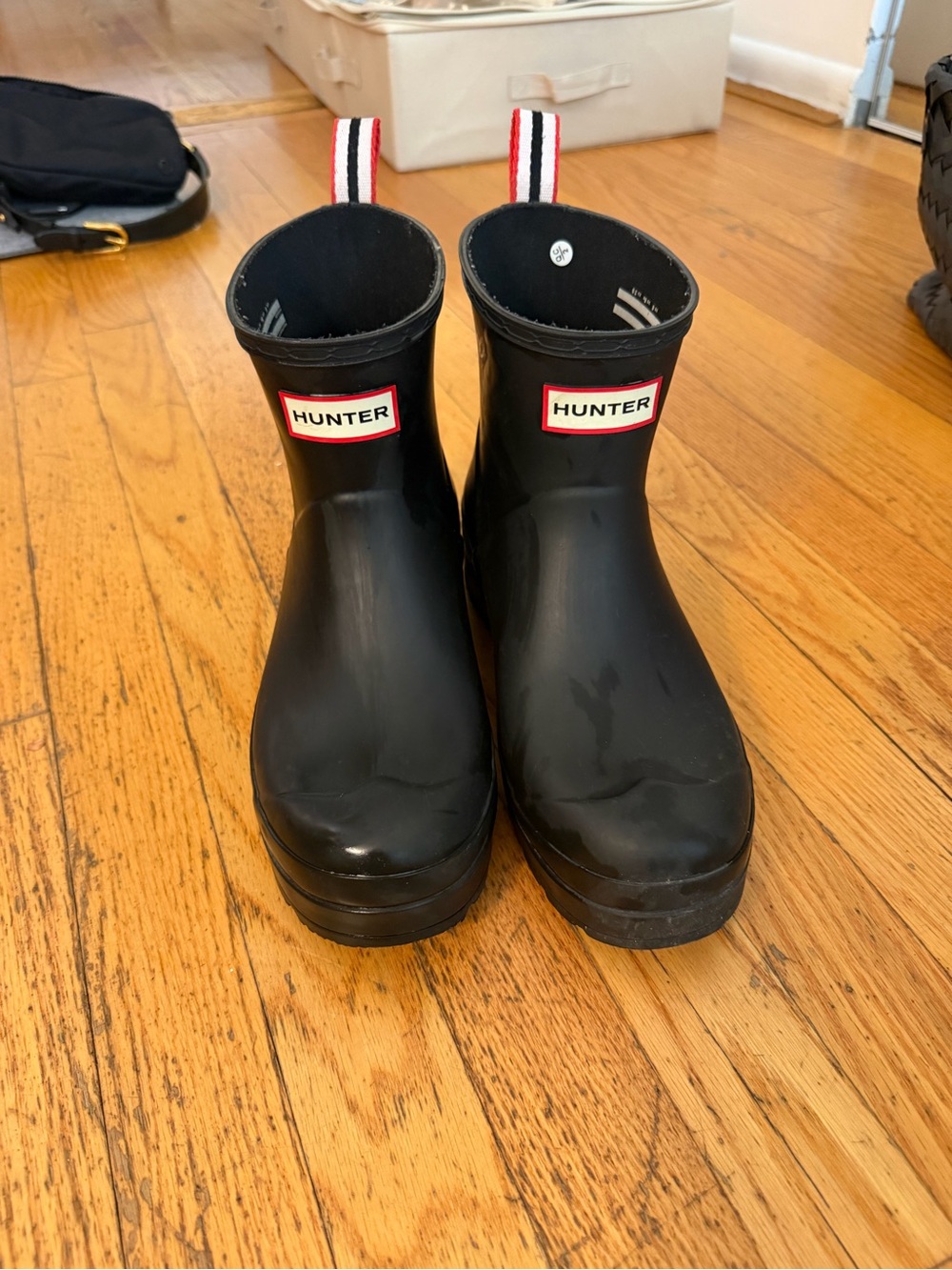 Hunter Black Short Rain Boots with Red-Trim Pull Tabs